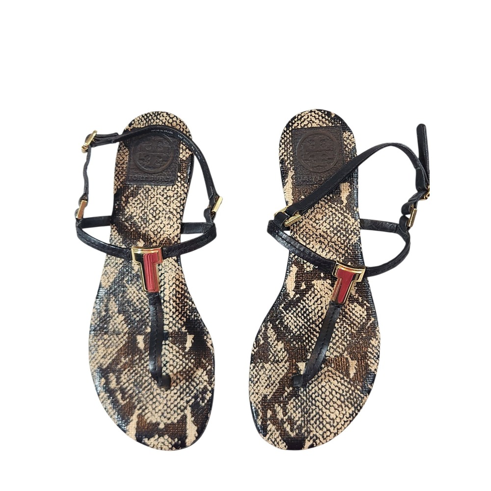 Tory Burch Thong Sandals Women 6.5M Black Snakeskin Print T-Logo Flat Strappy